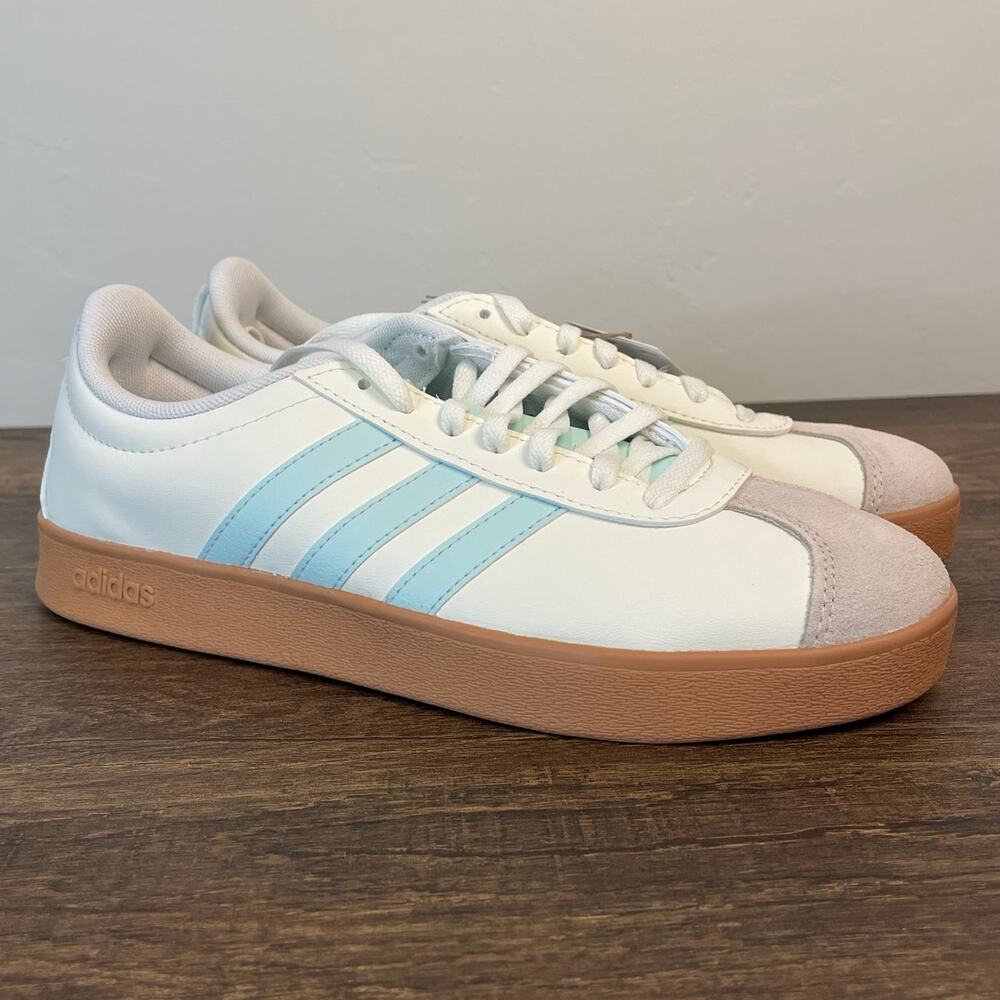 Adidas VL Court Base Womens 7 White Light Blue Gum Sole Sneakers New